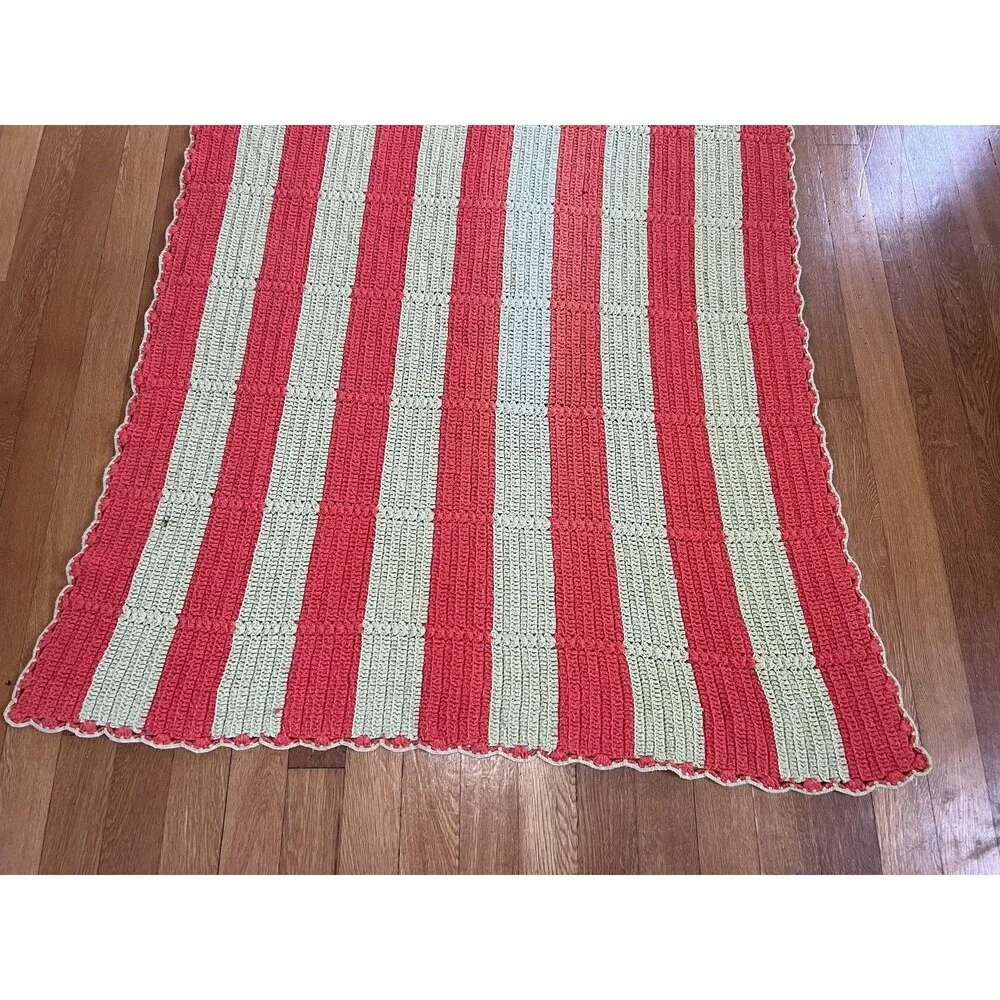Handmade Crochet Striped Afghan Blanket Lap Throw 71x50 Coral Green Cottage